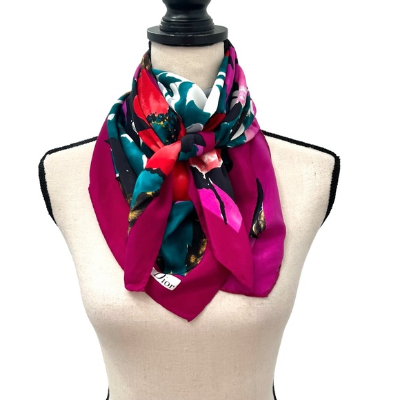 VINTAGE CHRISTIAN DIOR VIBRANT COLORFUL FLORAL SILK SCARF - 34" square - Picture 9 of 10